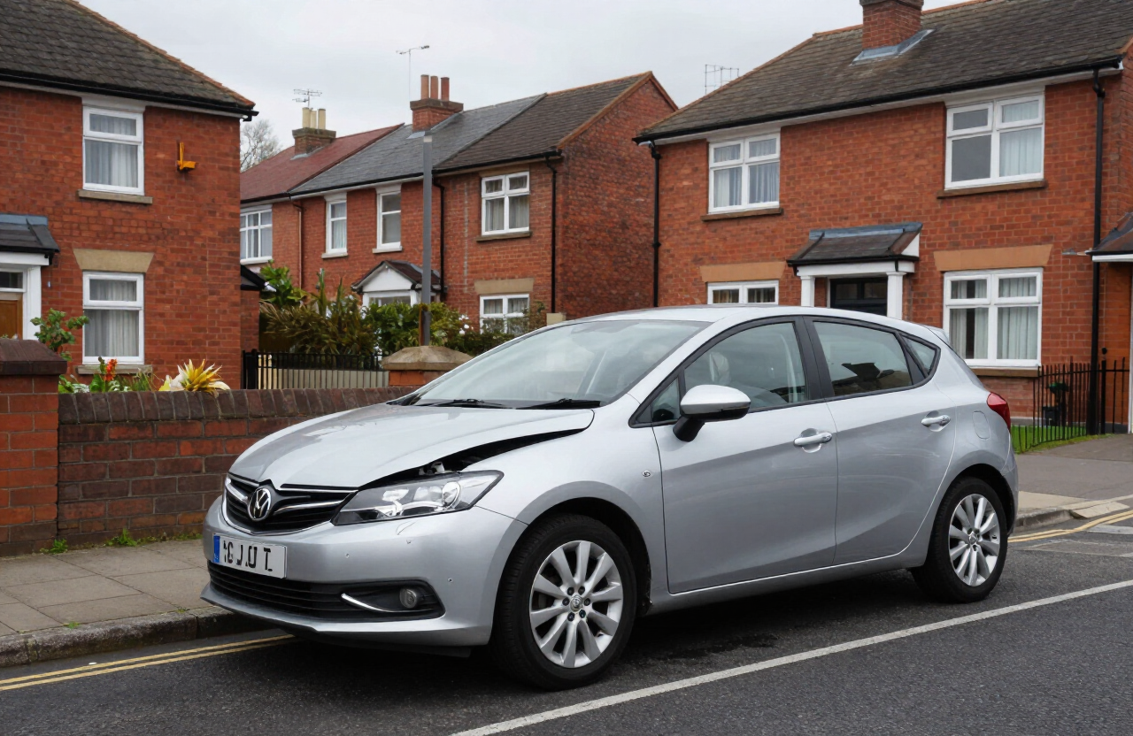 Silver hatchback with front-end accident damage parked on a residential driveway in Manchester
