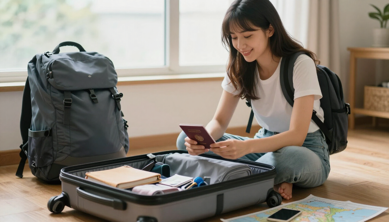 First-time international traveler confidently preparing for a trip with a passport, phone and organized travel documents on a table in soft morning light
