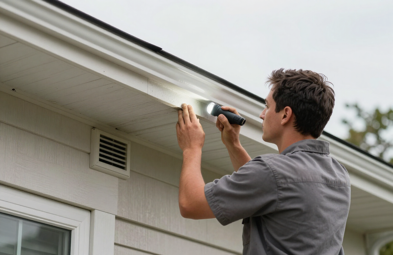 Professional inspection of a possible wildlife entry point around a Houston home roof, soffit and vent