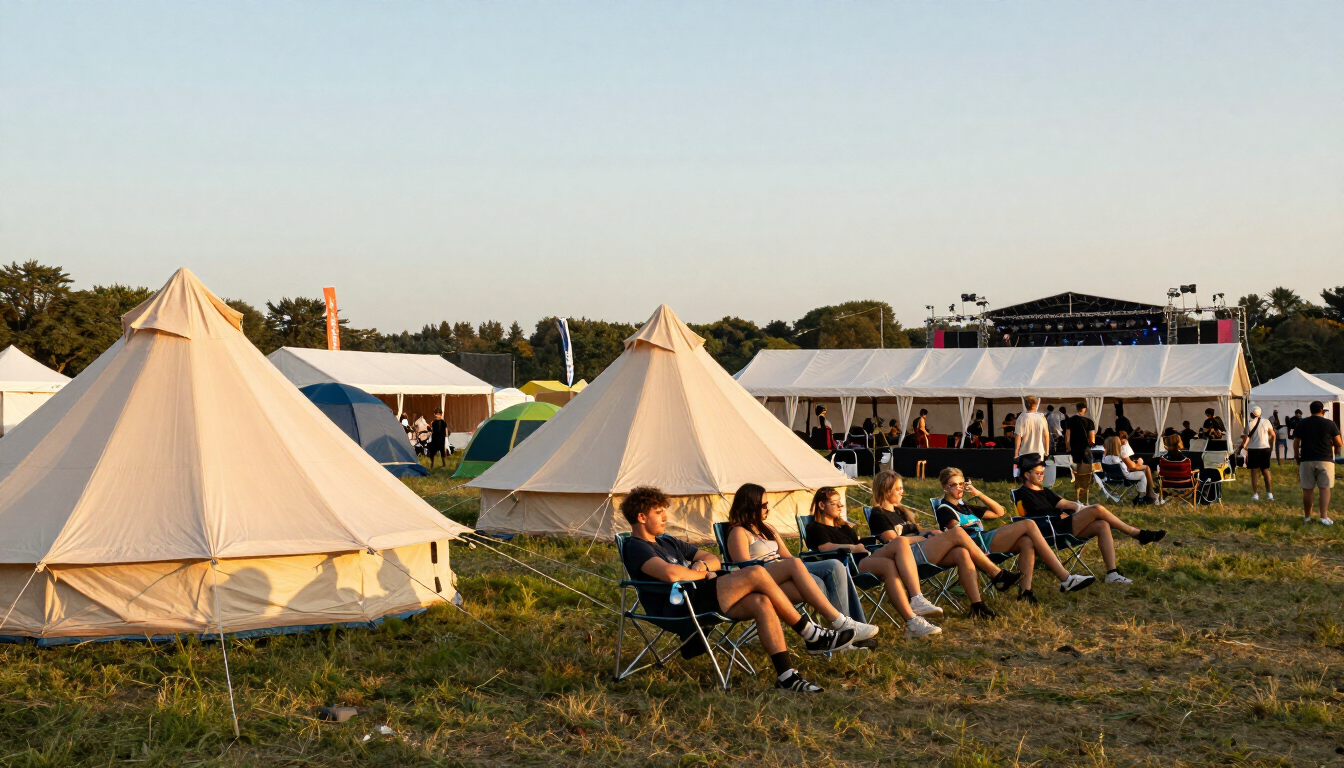 Mixed camping tents at a summer music festival campsite at sunset.