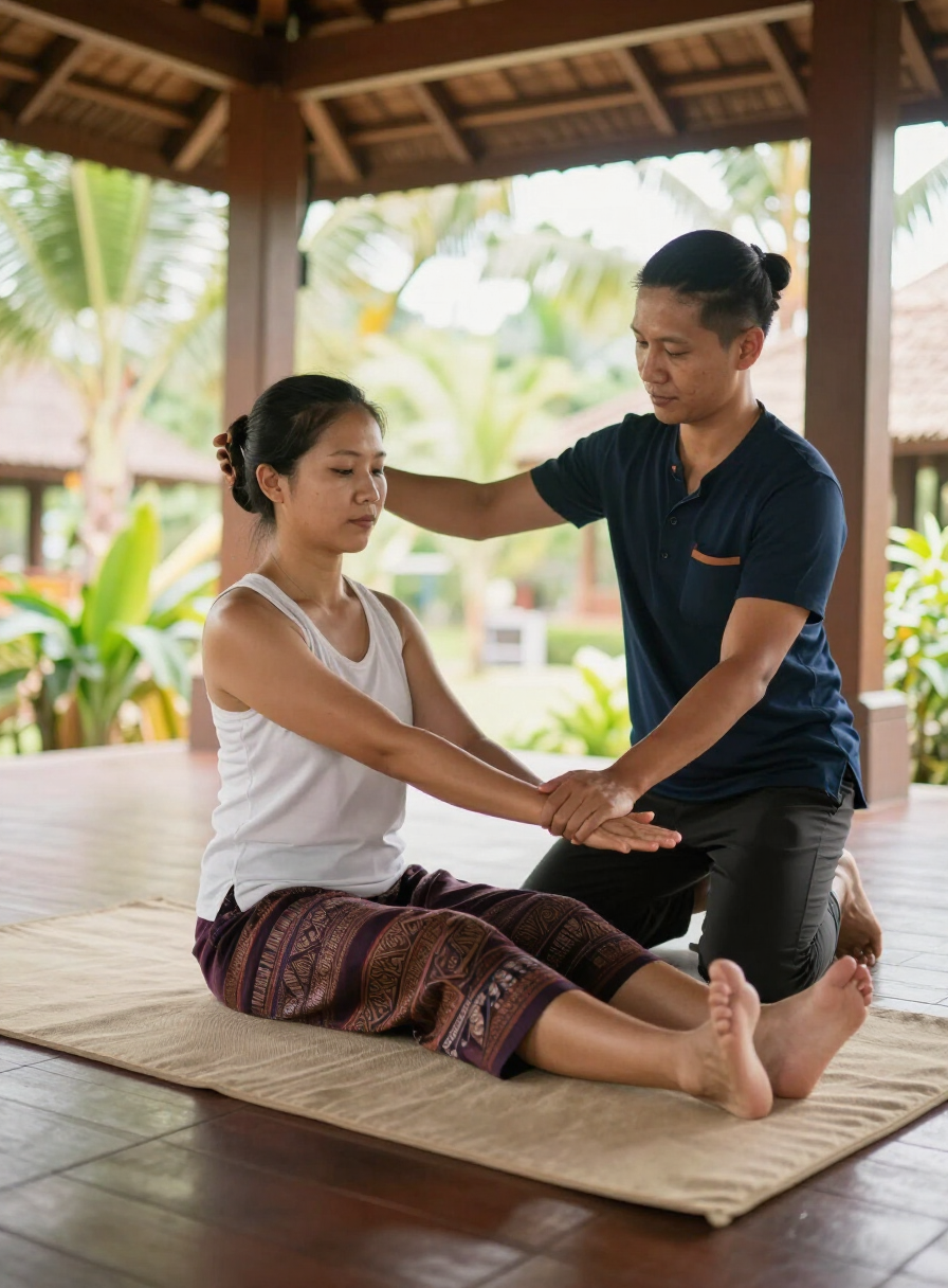 Traditional Thai massage assisted stretching on a low linen-covered mat in a wooden Bali pavilion