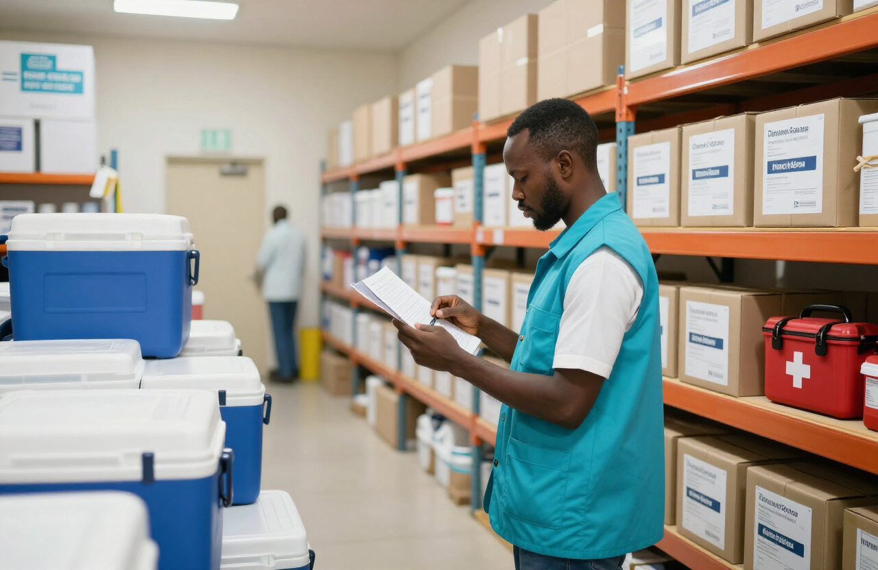 A logistics worker checking inventory of labelled medical supply boxes in a warehouse