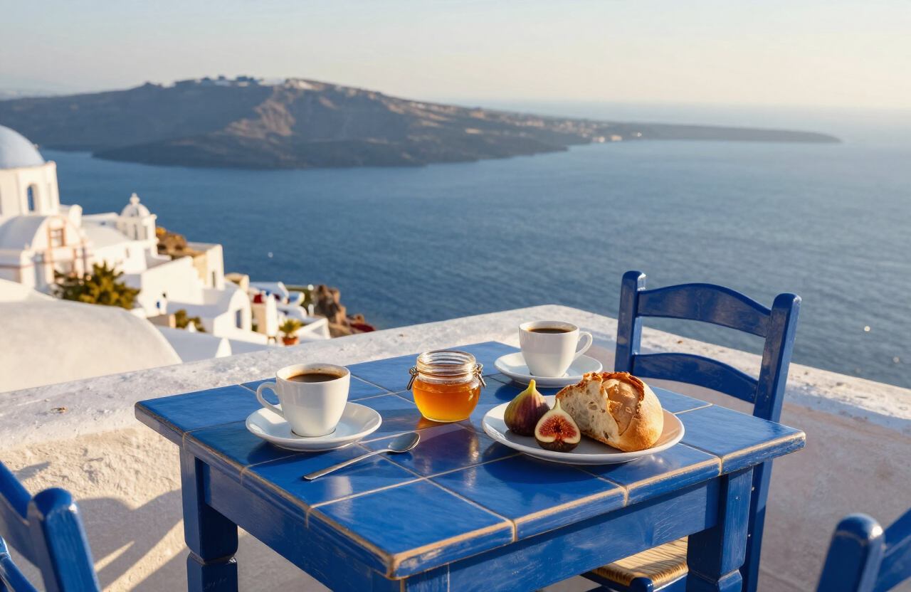 Breakfast on the blue-tiled terrace of Paradise Guesthouse, looking over the Aegean