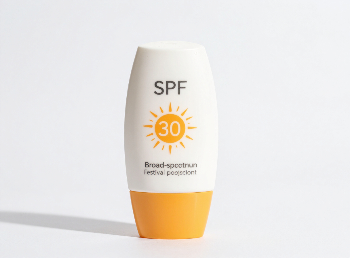 SPF 30 broad-spectrum sunscreen bottle for festival sun protection