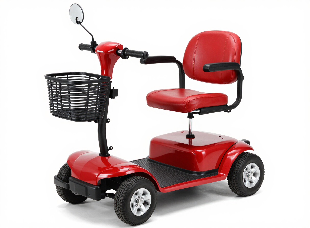 Empty compact red travel mobility scooter with four small wheels and a front basket