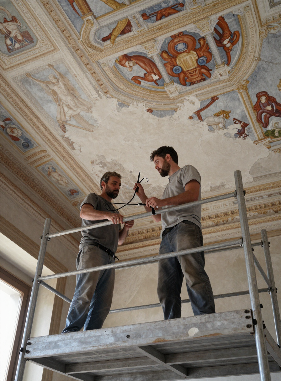 Dettaglio di soffitto affrescato in restauro con restauratrice su ponteggio