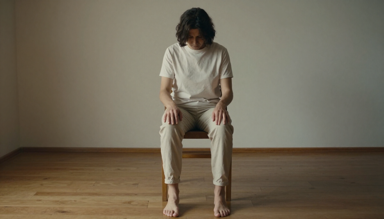 Persona adulta sentada en una silla de madera en una habitación minimalista, con los pies apoyados en el suelo y las manos descansando sobre las piernas, luz natural lateral suave