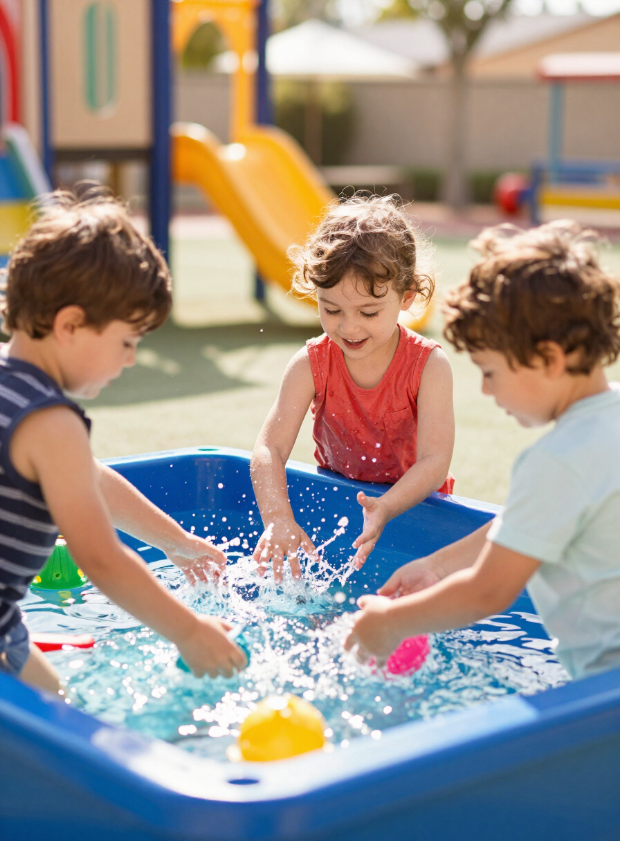 Toddlers playing at an outdoor water table