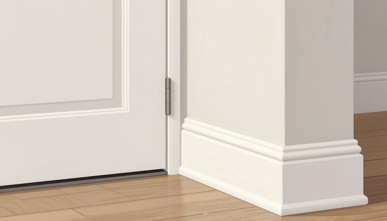 Illustrative freshly painted white door and baseboard trim detail