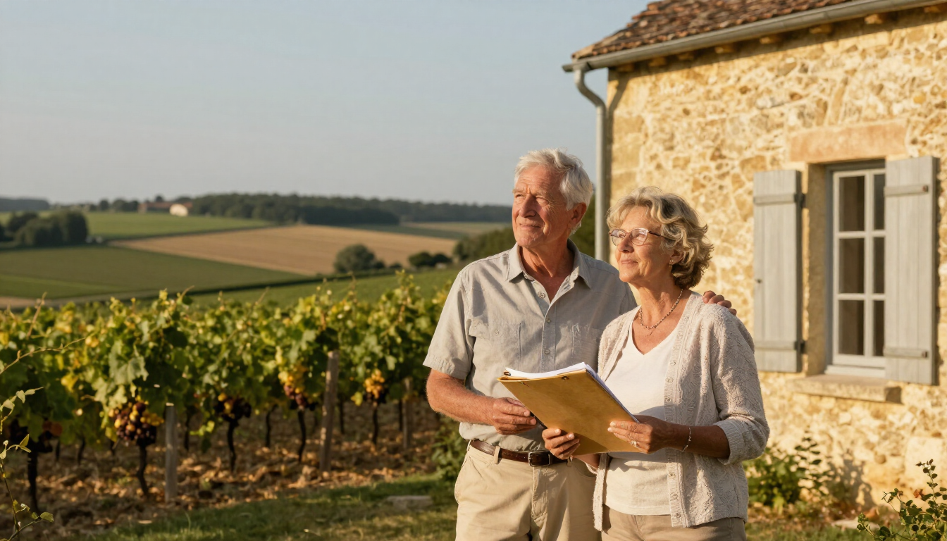 American retired couple outside a traditional stone French farmhouse in the Dordogne countryside