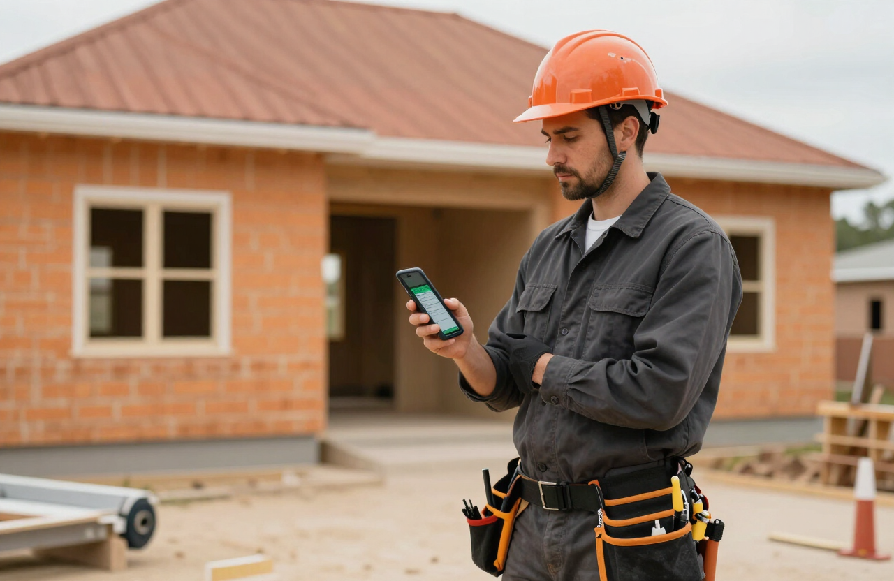 Small residential contractor using a punch list app on a smartphone at a new home job site