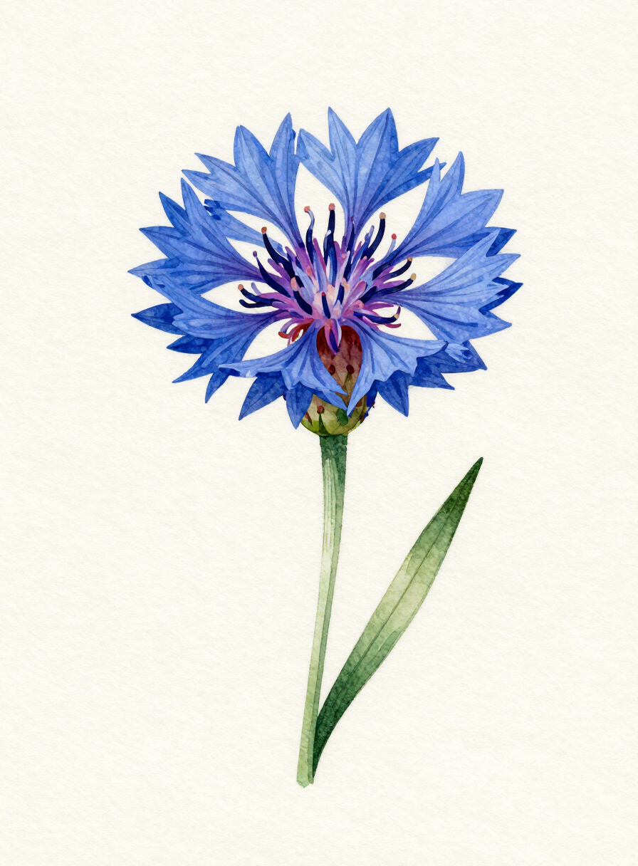 Watercolor painting of a blue Cornflower