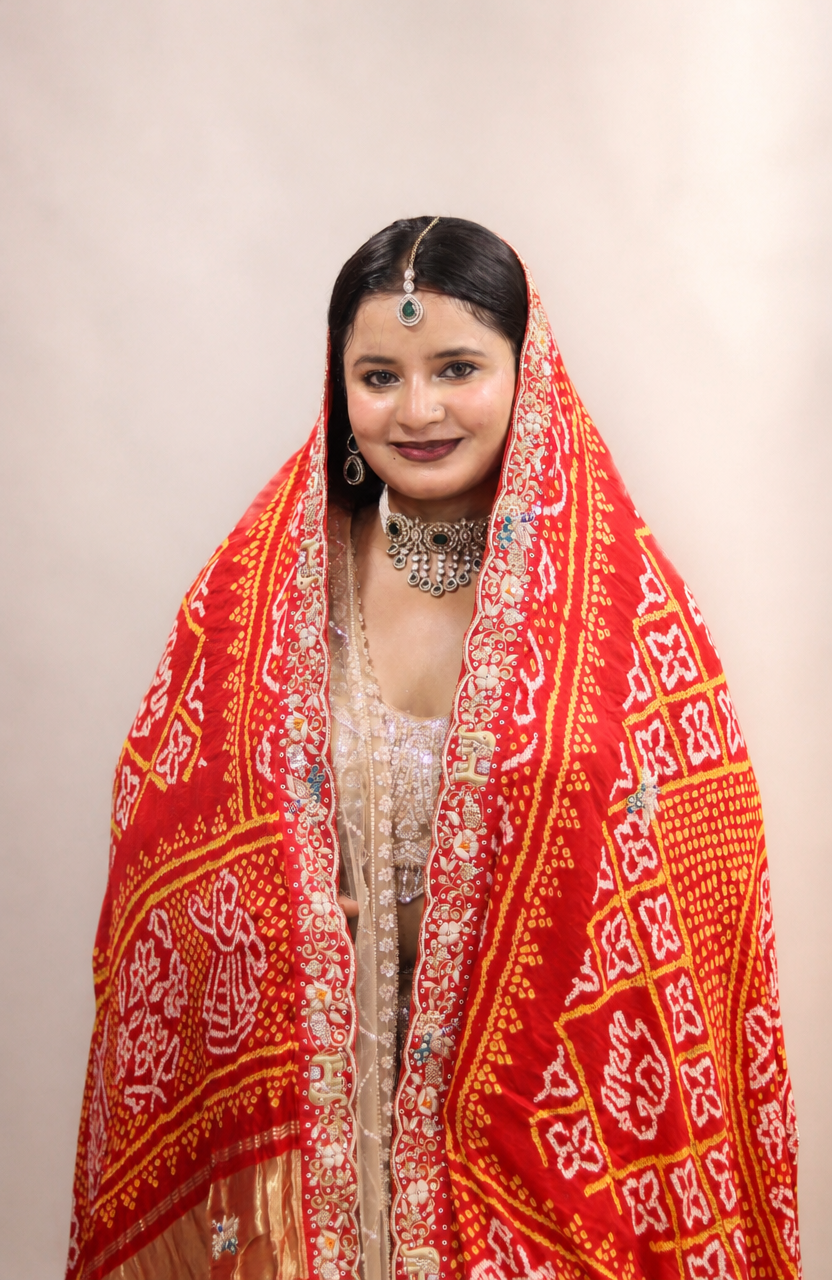 Woman wearing a traditional red and gold peeliya chunri