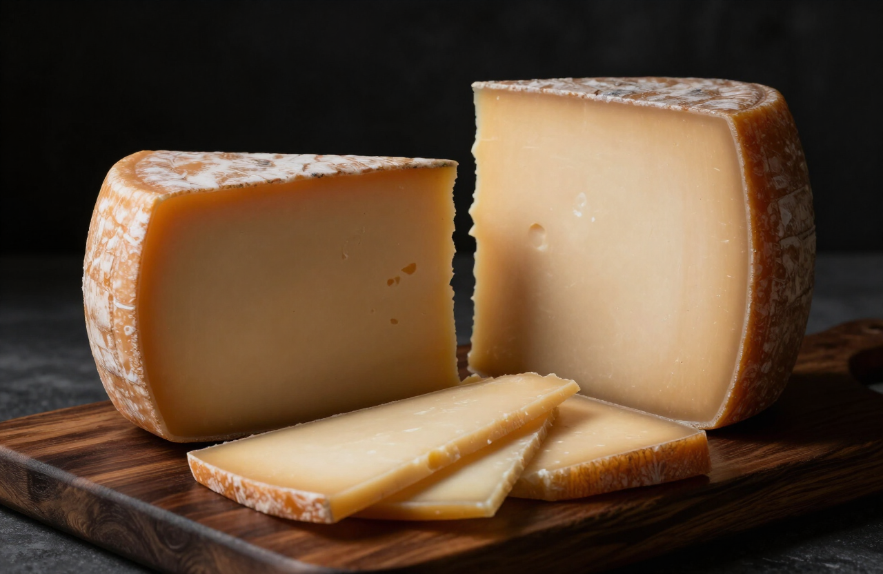 Ruedas de queso provolone y gouda sobre madera oscura