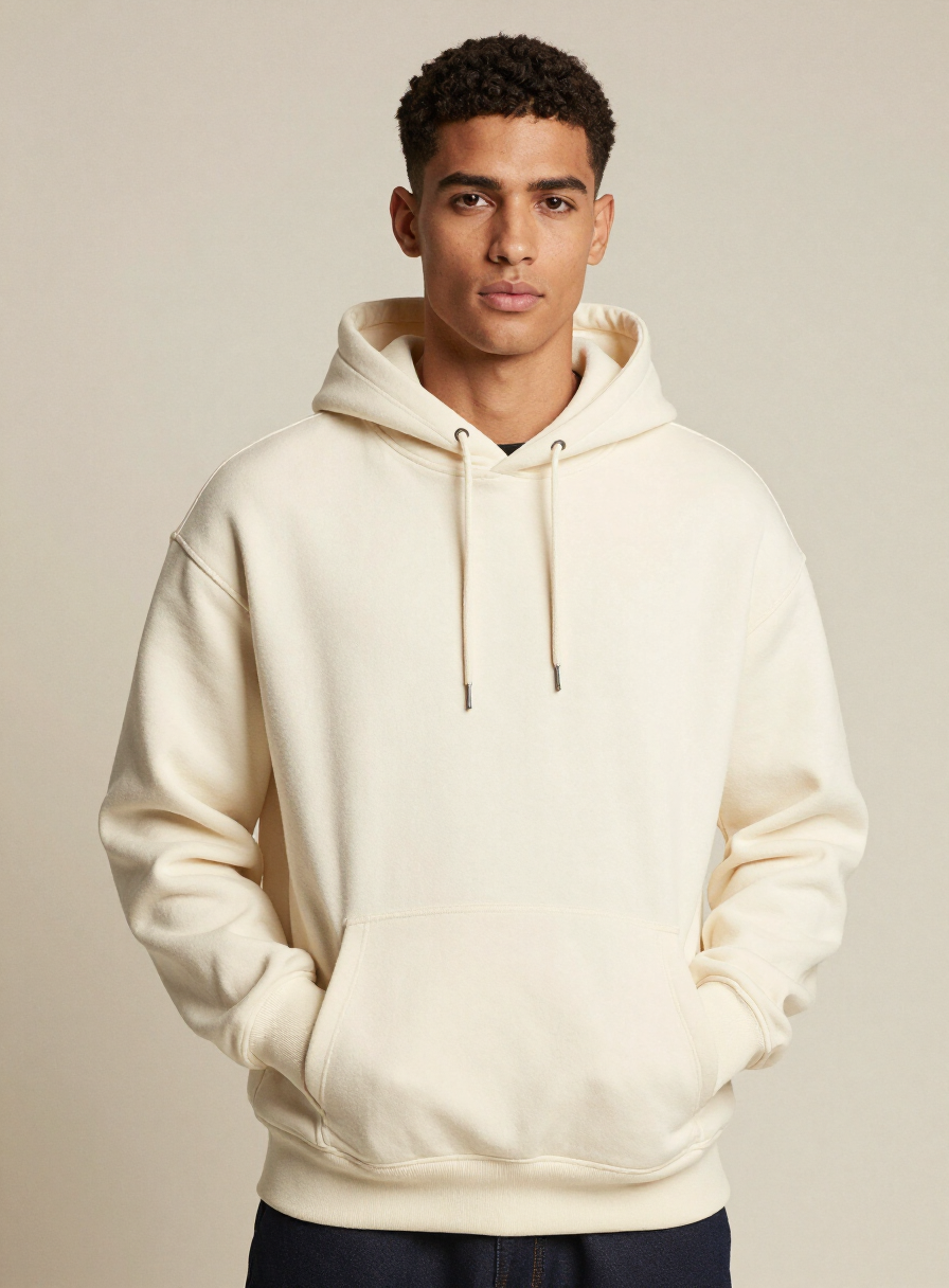 Model wearing a cropped heavyweight hoodie in ecru fleece against an off-white studio backdrop