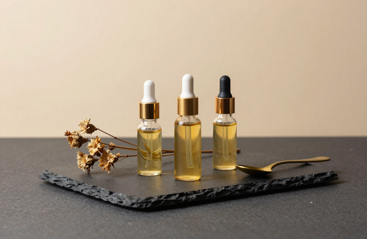 Three glass bottles of golden facial oil on dark stone with dried flowers