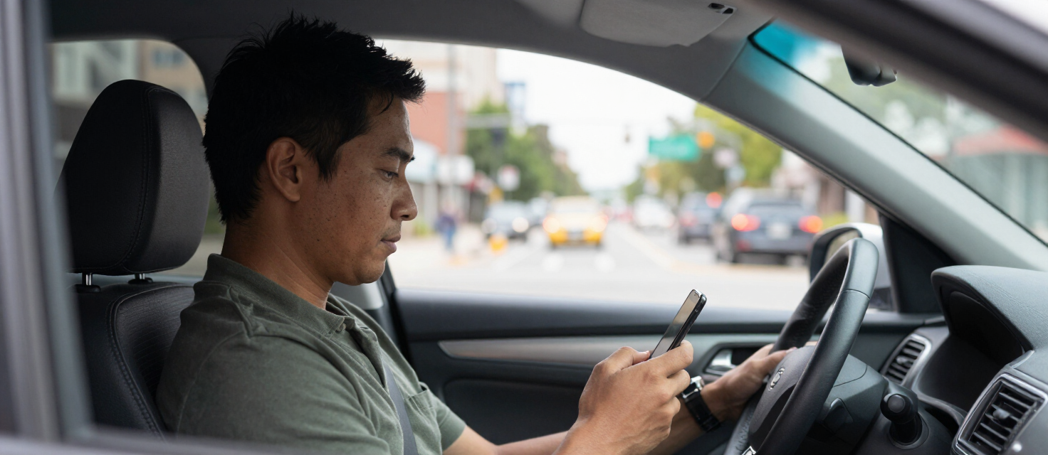 View through a sedan windshield of a driver glancing at a smartphone with Kansas City traffic ahead