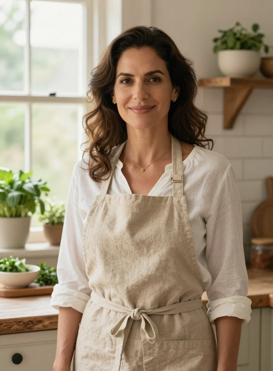 Retrato de Sofia, especialista en alimentación basada en la Biblia, sonriendo en su cocina