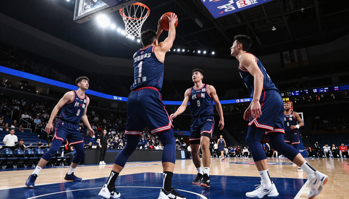 Basketball players in navy Engreek uniforms with red trim in an indoor arena