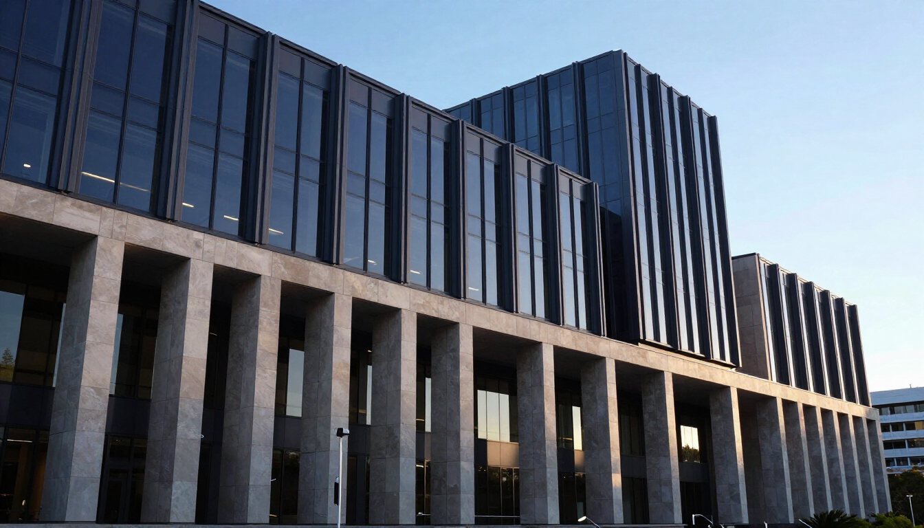 Contemporary civic institutional architecture with glass and stone — independent delivery insight for government transformation