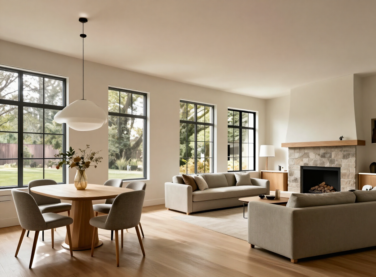 Generated living room concept with oak flooring and a stone fireplace