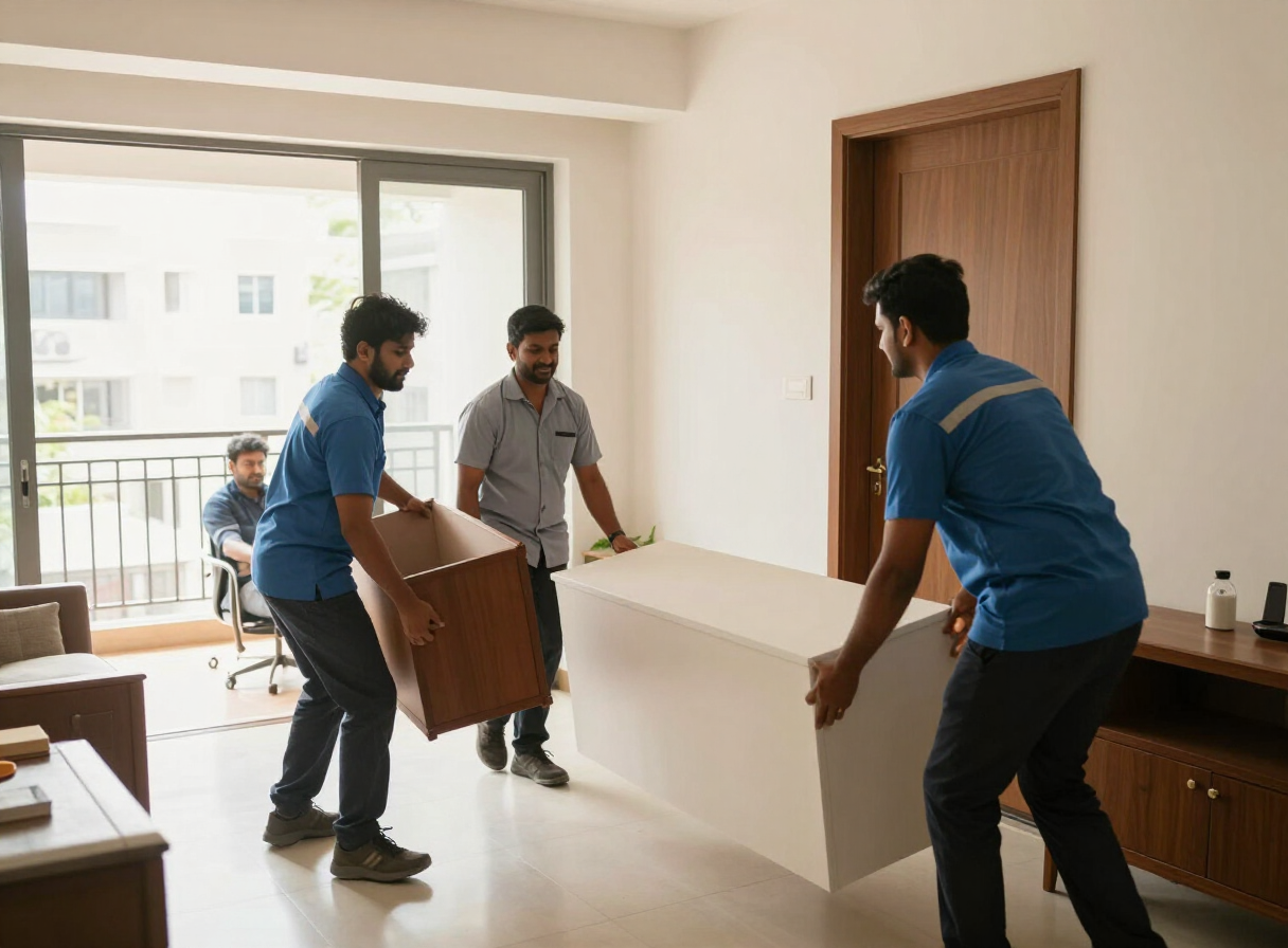 Moving crew carrying household furniture inside a home