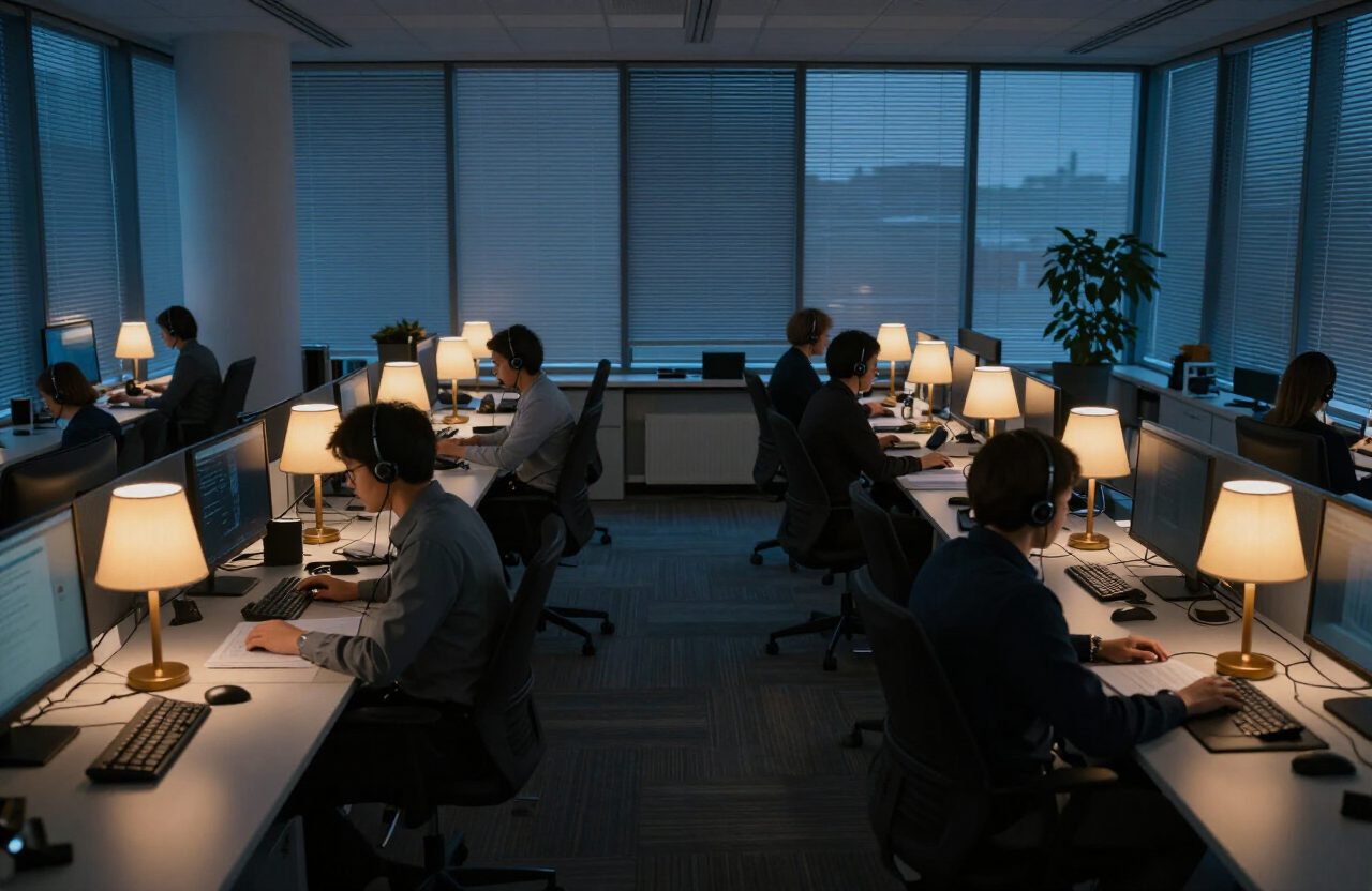 The answering floor at dusk, rows of desks lit by warm lamps