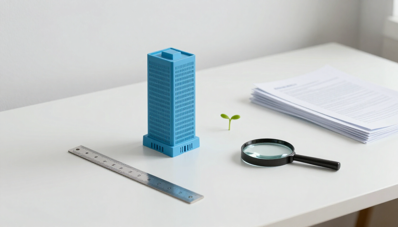 Composizione minimalista su scrivania bianca con edificio geometrico ceruleo, righello, lente d'ingrandimento e germoglio verde, a rappresentare la supervisione europea sui rating ESG