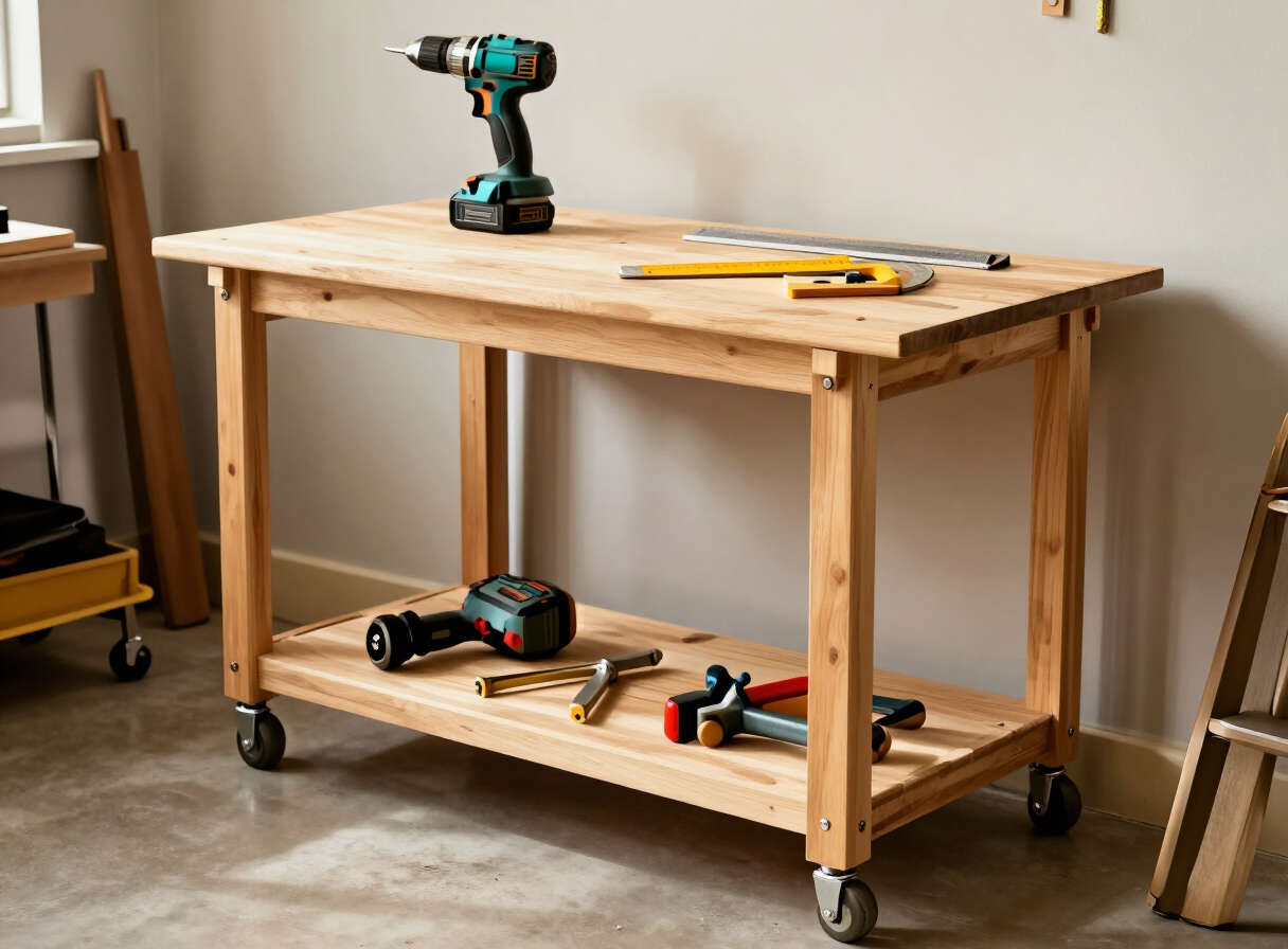 A compact homemade wooden workbench on locking casters with a lower storage shelf holding power tools and clamps in a small workshop