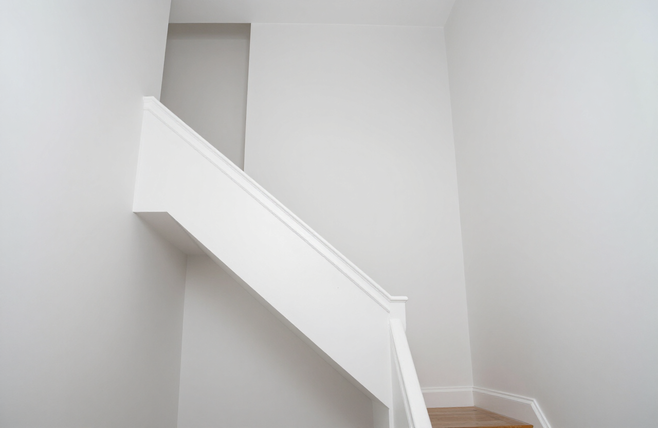 Two-story townhouse stairwell after painting in Secaucus NJ with fresh white walls and crisp cut lines