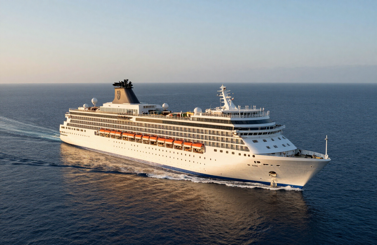 Crucero navegando en mar abierto durante el atardecer