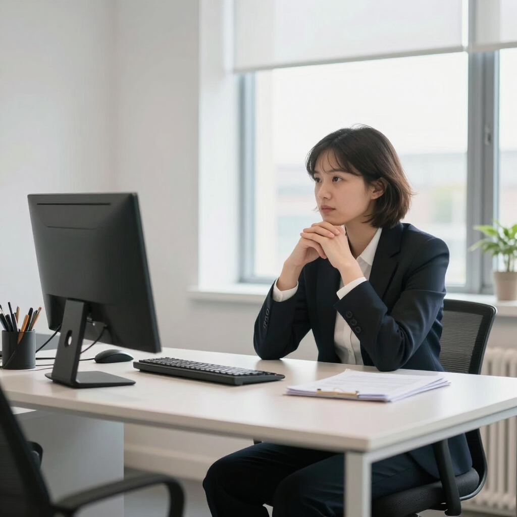 A professional reflecting on their career goals in a bright, quiet office