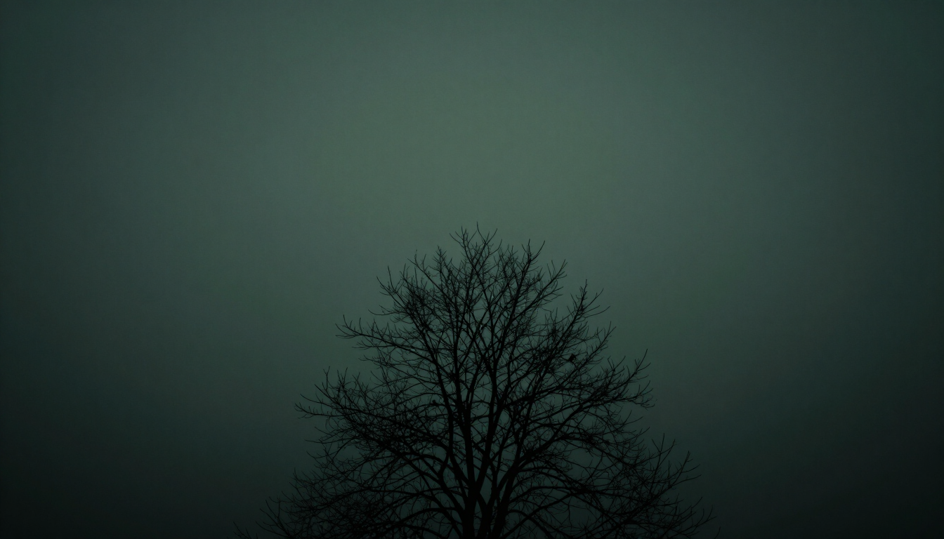 A tree canopy shrouded in mist at dawn