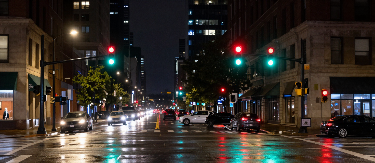 Downtown Kansas City intersection at night with traffic signals and wet pavement reflections