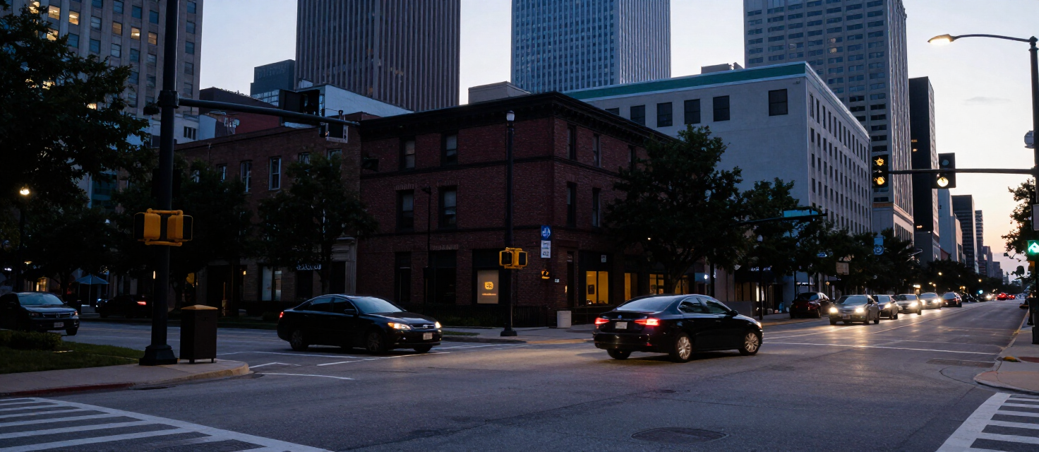 Urban intersection at dusk with two sedans at a crossroads near a traffic signal