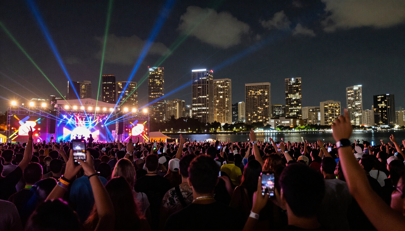 Crowd at Ultra Miami in Bayfront Park with downtown Miami skyline at night