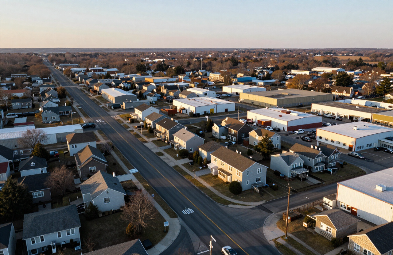 Illustrative aerial view of Moonachie NJ at golden hour showing a mix of single-family homes, multifamily duplexes, and commercial and industrial warehouse buildings along a main corridor