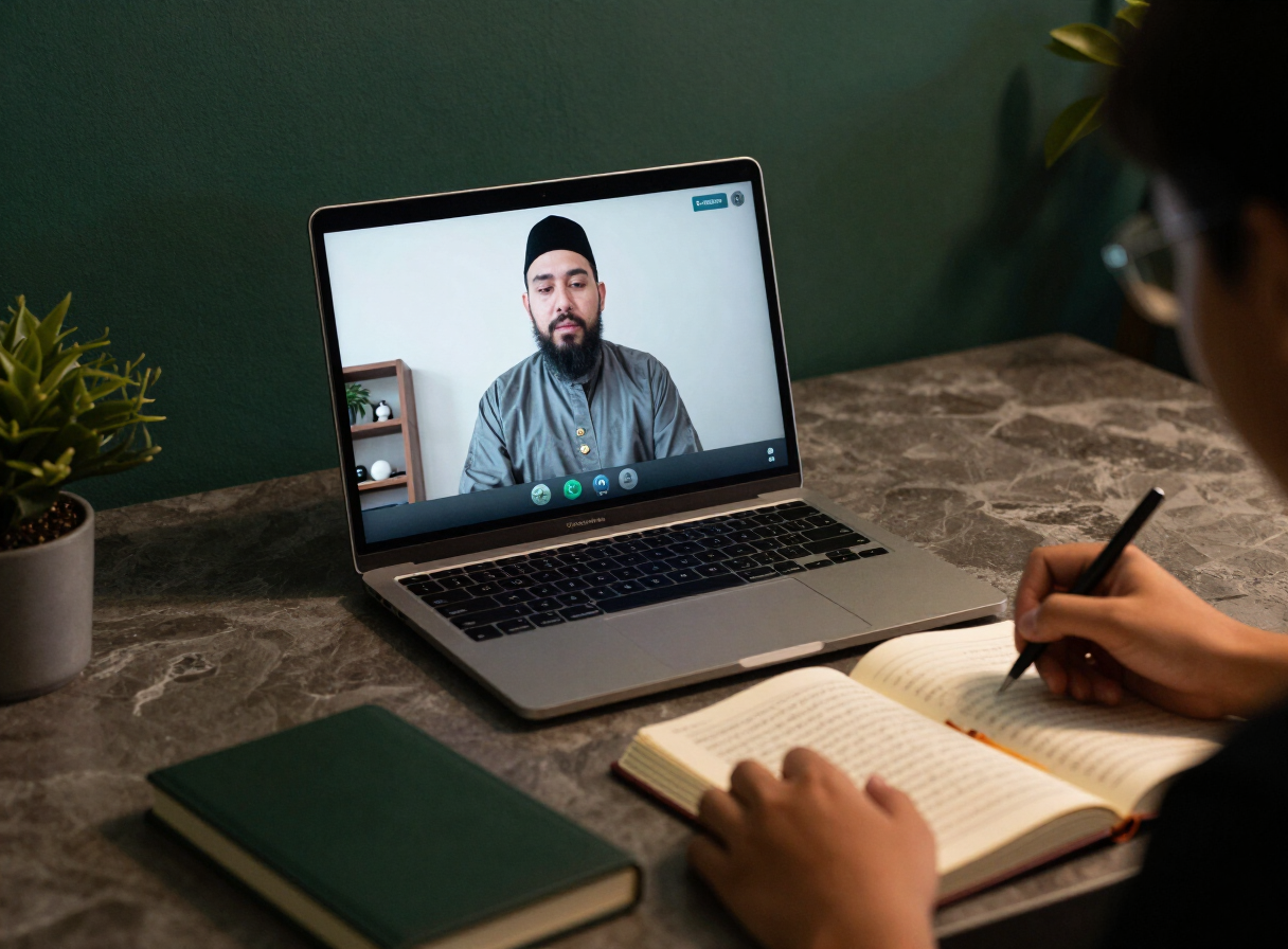A student taking notes during an online Quran lesson