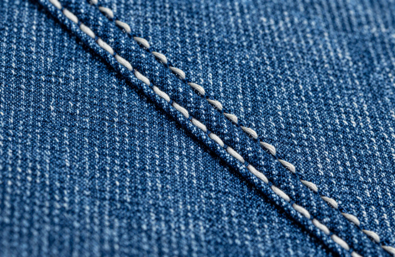 Macro detail of rope-dyed indigo denim twill with contrast chain-stitching