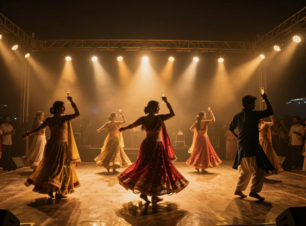 Event photography of a sangeet celebration in Patna under warm spotlights