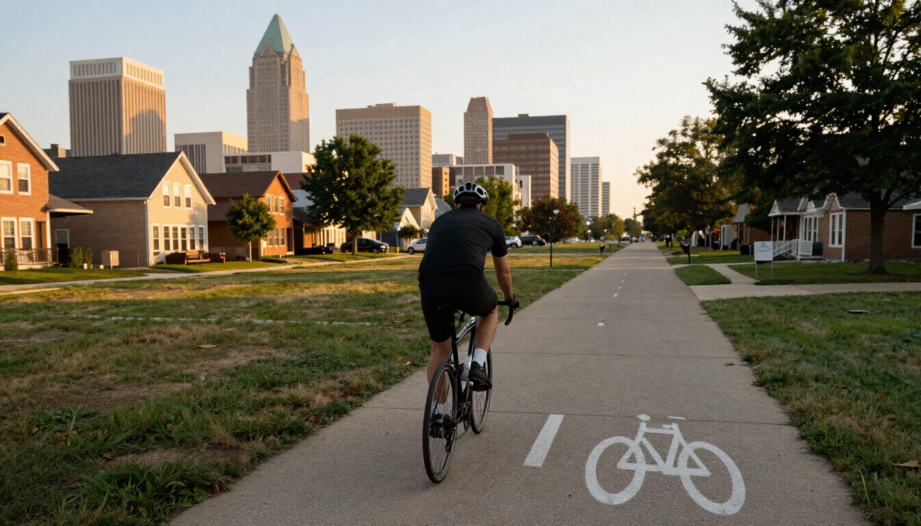 Cyclist riding in a dedicated bike lane through a Kansas City neighborhood with downtown buildings in the background at golden hour