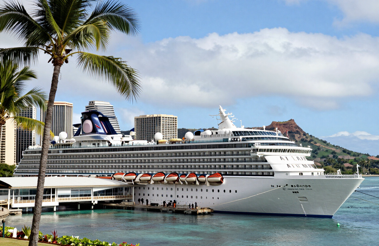 Cruise ship docked at the Honolulu cruise terminal near Aloha Tower on Oahu, Hawaii, with palm trees and Diamond Head in the background