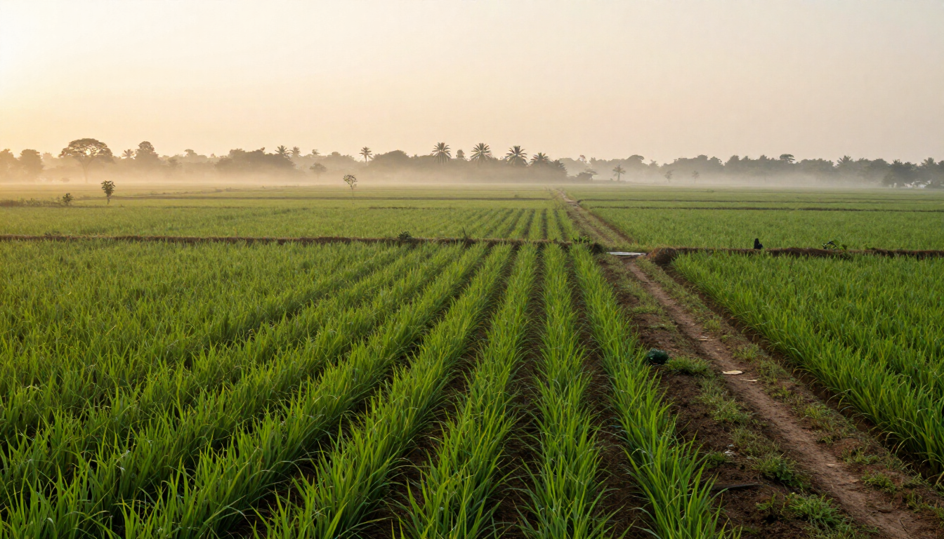 Green terraced crop fields in rural India at sunrise