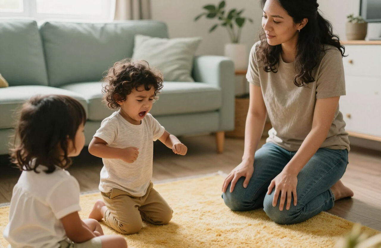 A young child mid-frustration while a calm adult kneels nearby, staying present and steady in a warm living room.