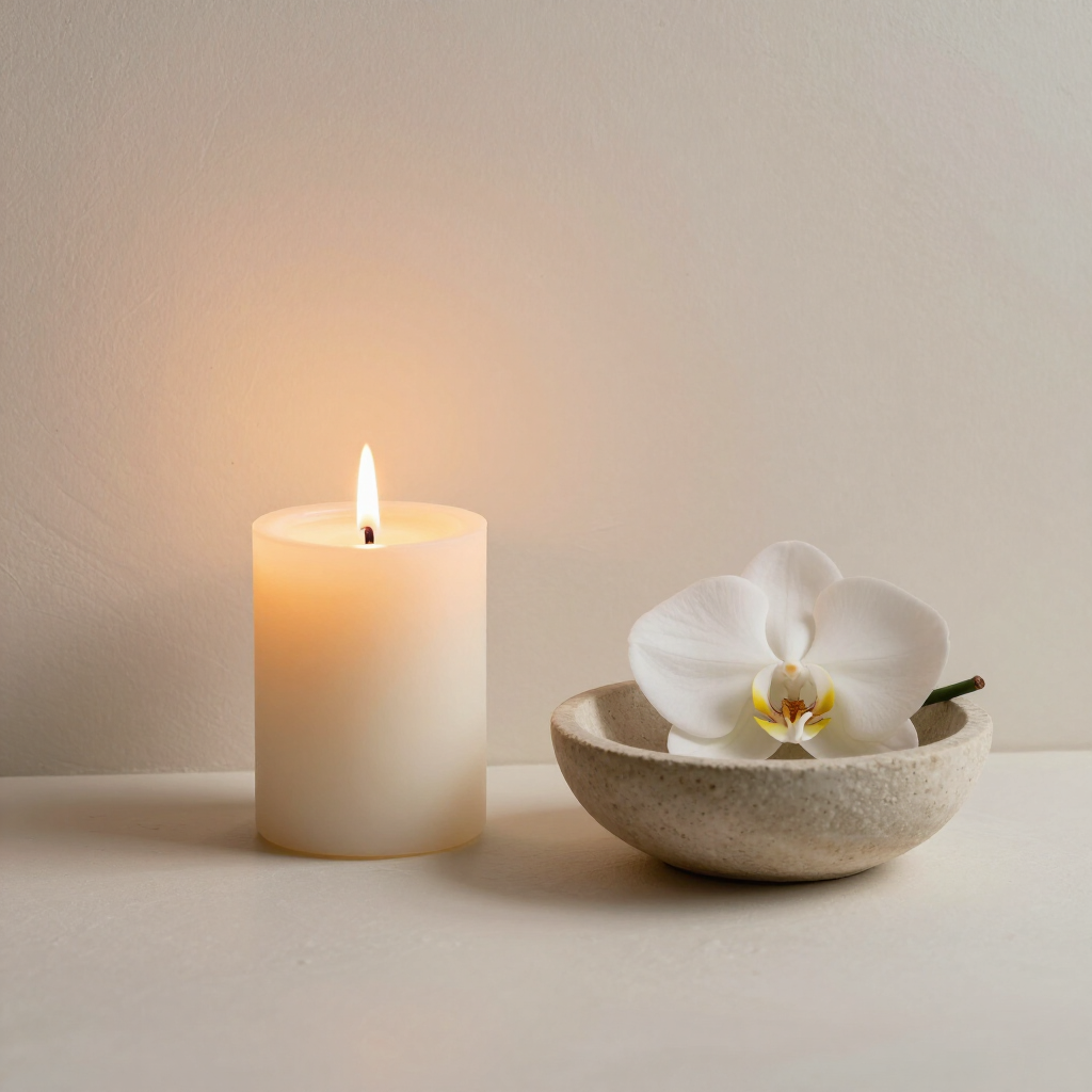 A lit candle beside a white orchid in a stone bowl at Almira Spa, Nairobi