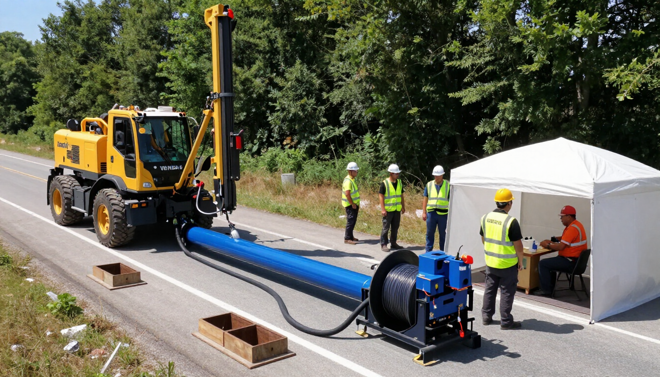 Turnkey fiber deployment site with Vermeer directional drill, fiber blowing, and splicing crews