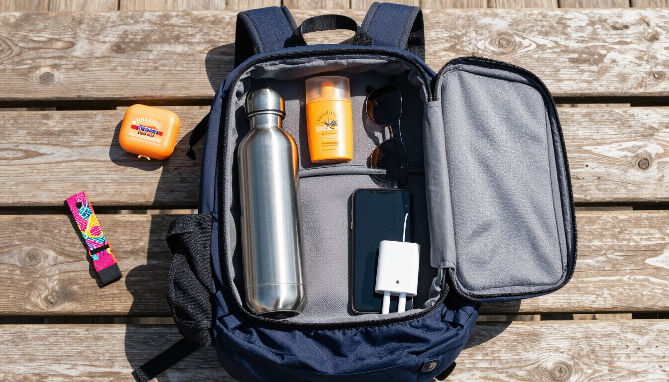 Flat lay of a festival day pack with a water bottle, sunscreen, sunglasses, portable charger, and earplugs