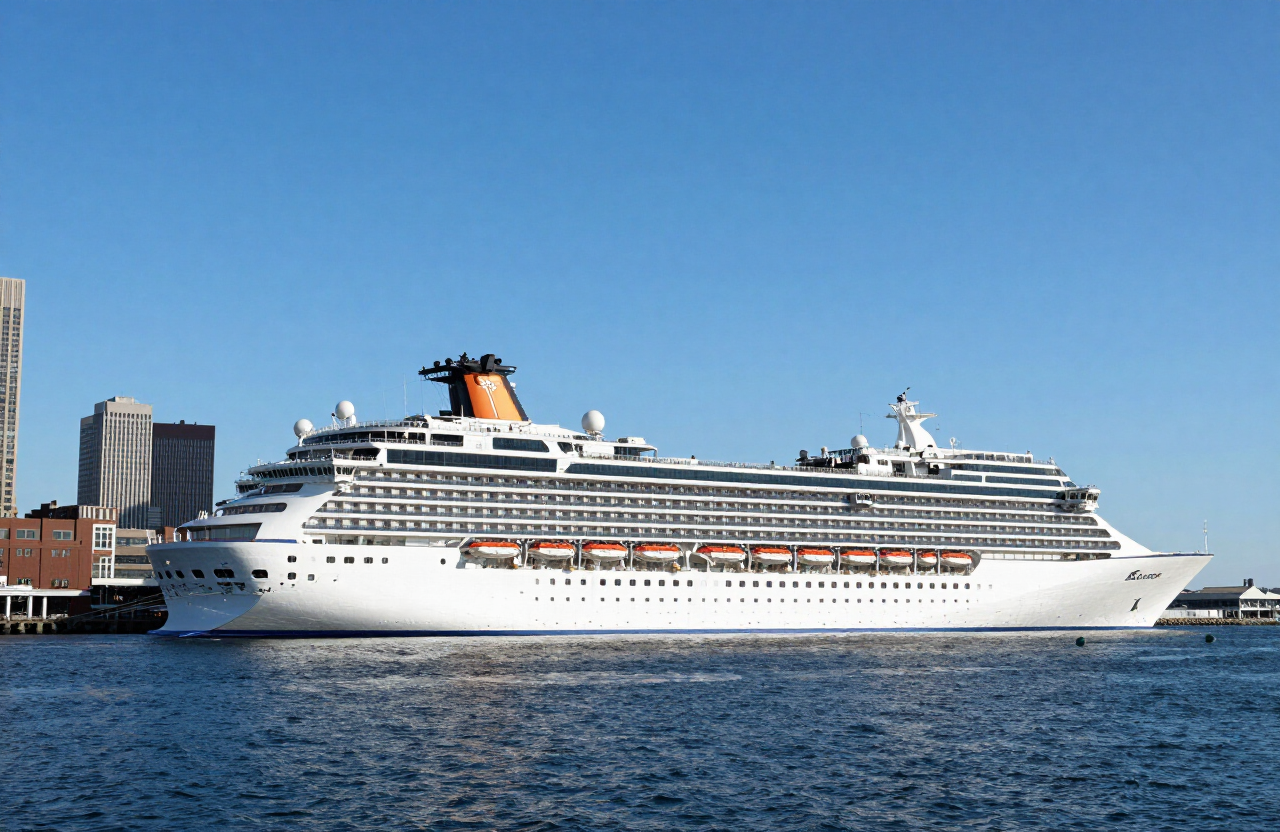 Cruise ship docked at the Black Falcon Cruise Terminal in the Boston Seaport district, with the Boston skyline across the harbor
