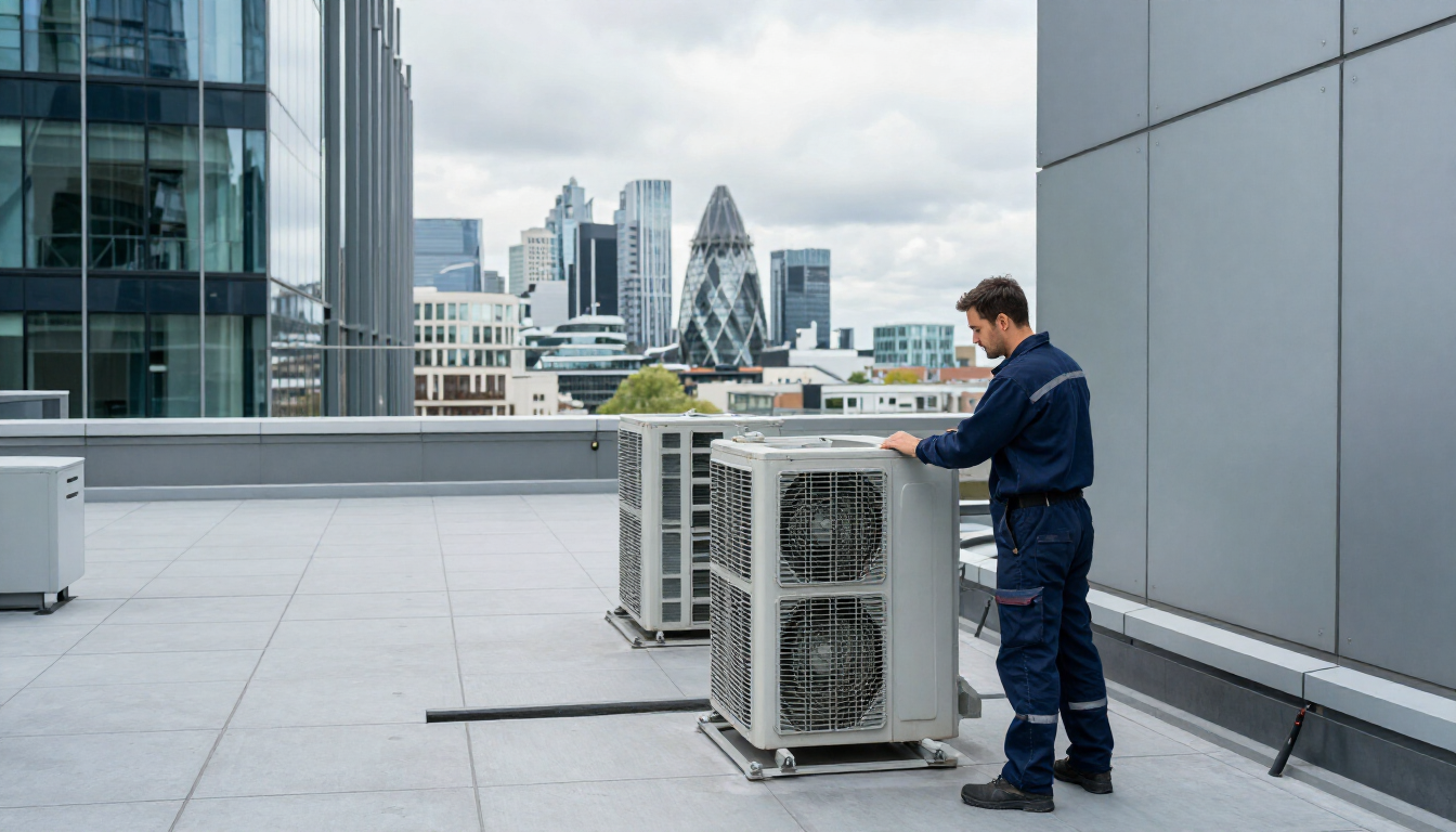 HVAC technician inspecting commercial air conditioning equipment on a London rooftop