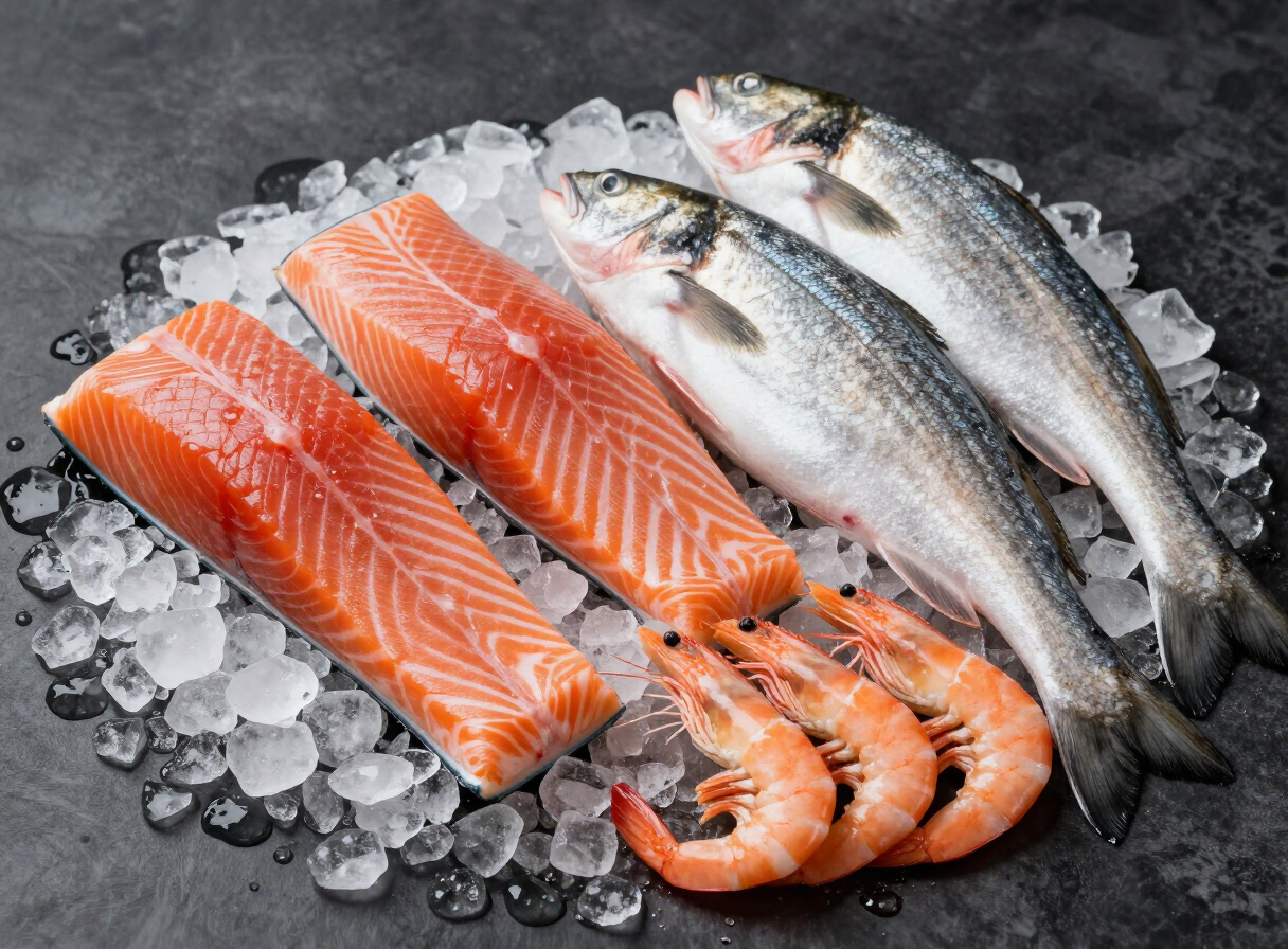 Saumon frais, poisson entier et crevettes sur glace